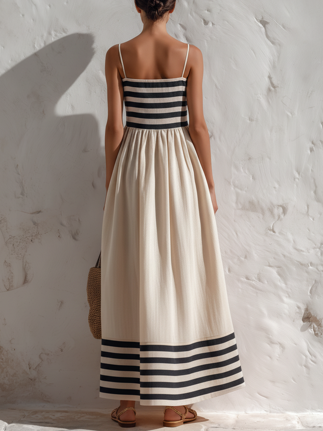 Ortensia | Langes Kleid mit schwarzen und beigen Streifen und dünnen Trägern