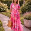Ione | Kurzes ärmelloses V-Ausschnitt Blumen-Midi-Kleid