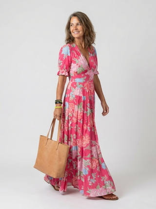 Ione | Kurzes ärmelloses V-Ausschnitt Blumen-Midi-Kleid
