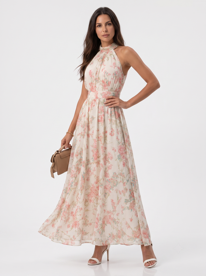 Mariluz | Langes Blumenkleid mit Halterkragen