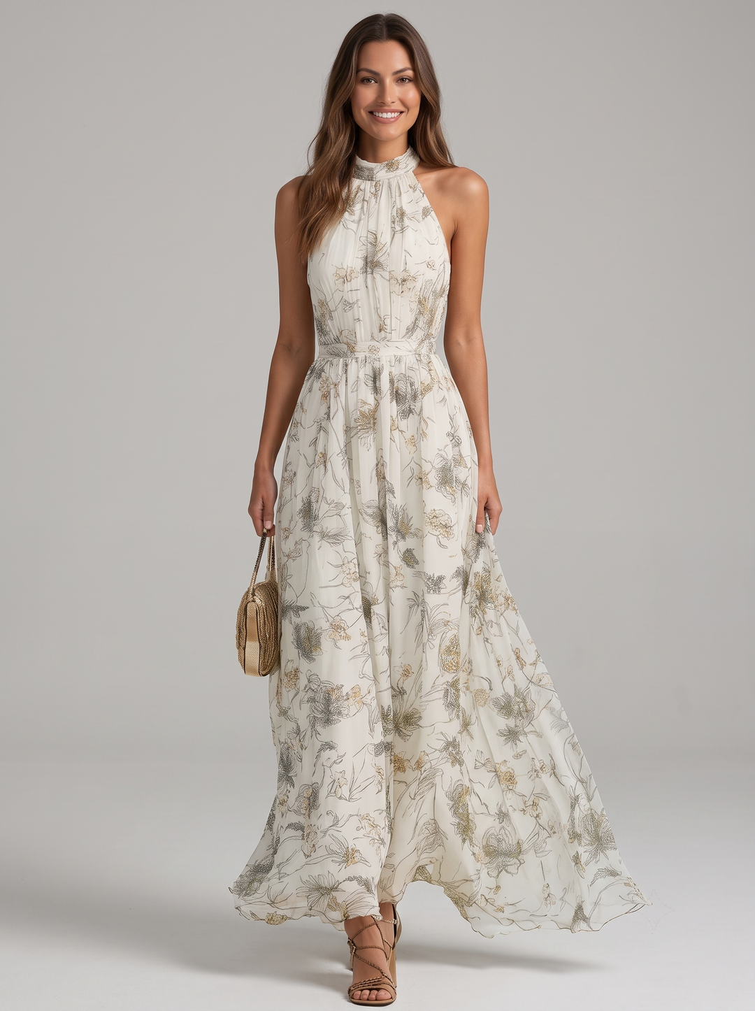 Mariluz | Langes Blumenkleid mit Halterkragen
