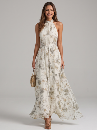 Mariluz | Langes Blumenkleid mit Halterkragen