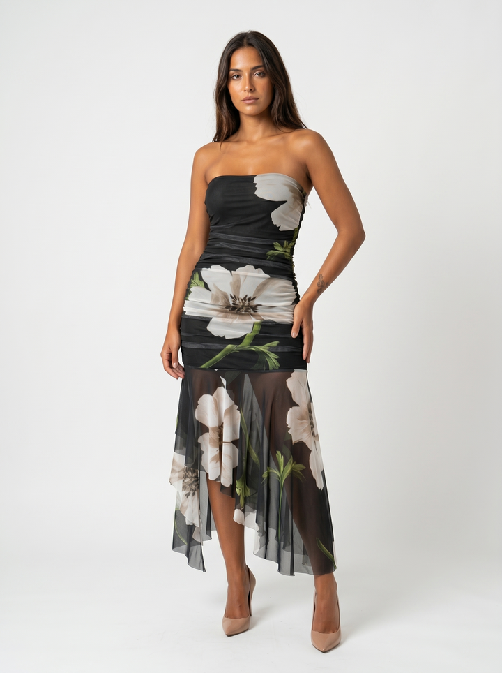 Helena | Schwarzes Kleid mit floralem Muster