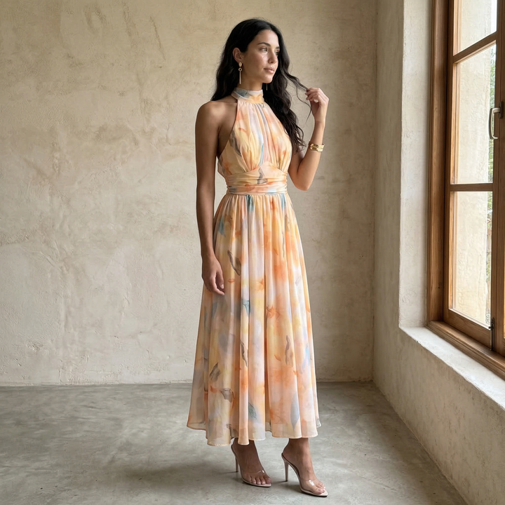 Aura | Bedrucktes Kleid mit Halterneck und verstellbarem Taillenbund