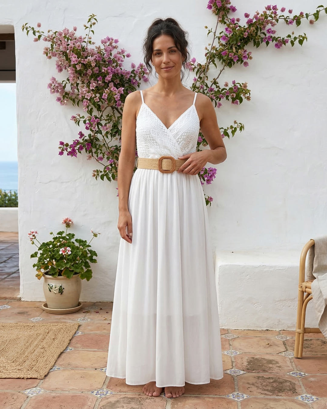 Elena | Langes schlichtes Kleid mit Spitzenoberteil