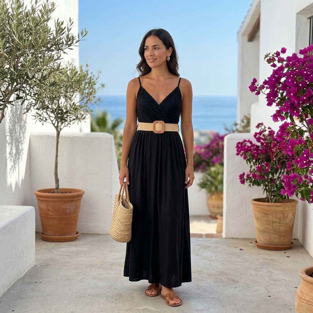 Elena | Langes schlichtes Kleid mit Spitzenoberteil