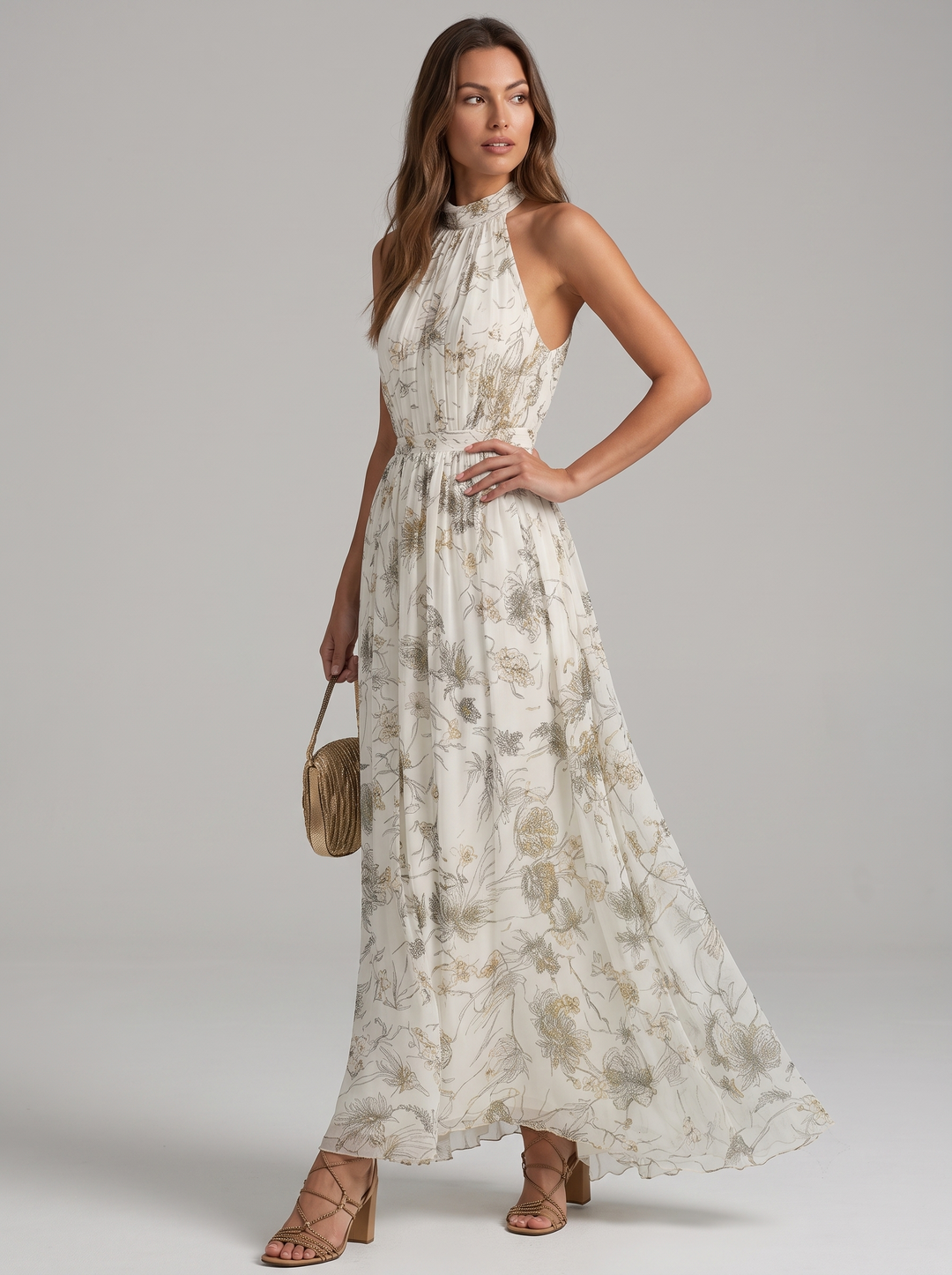 Mariluz | Langes Blumenkleid mit Halterkragen