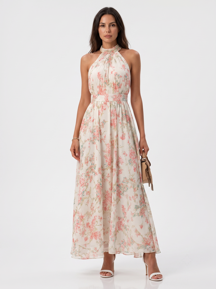 Mariluz | Langes Blumenkleid mit Halterkragen