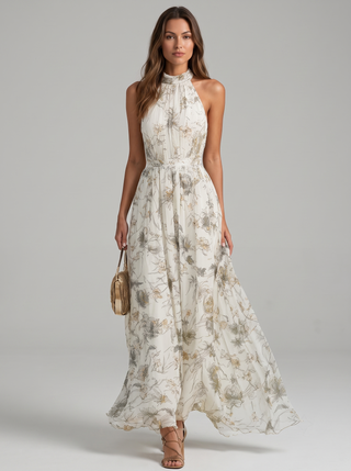 Mariluz | Langes Blumenkleid mit Halterkragen