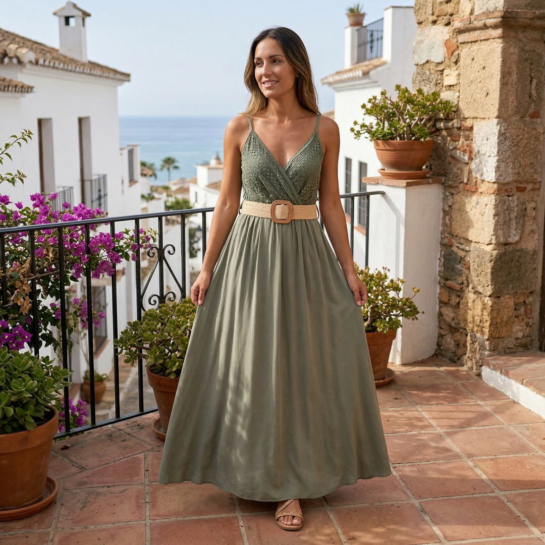Elena | Langes schlichtes Kleid mit Spitzenoberteil
