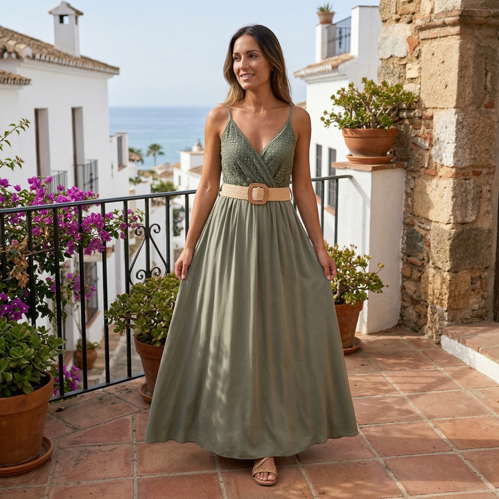 Elena | Langes schlichtes Kleid mit Spitzenoberteil