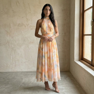 Aura | Bedrucktes Kleid mit Halterneck und verstellbarem Taillenbund